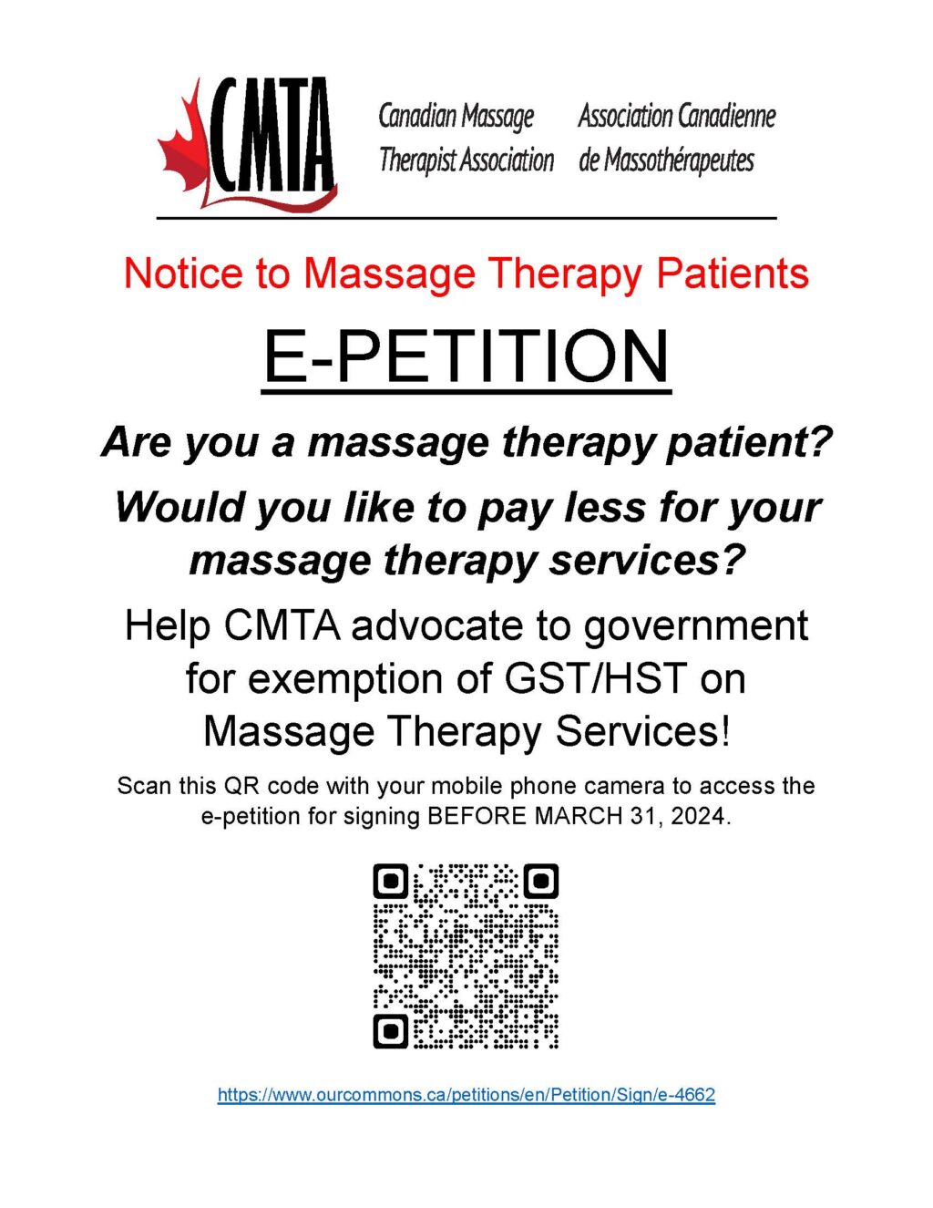 CMTA LAUNCHES PETITION FOR EXEMPTION OF GST/HST ON MASSAGE THERAPY ...